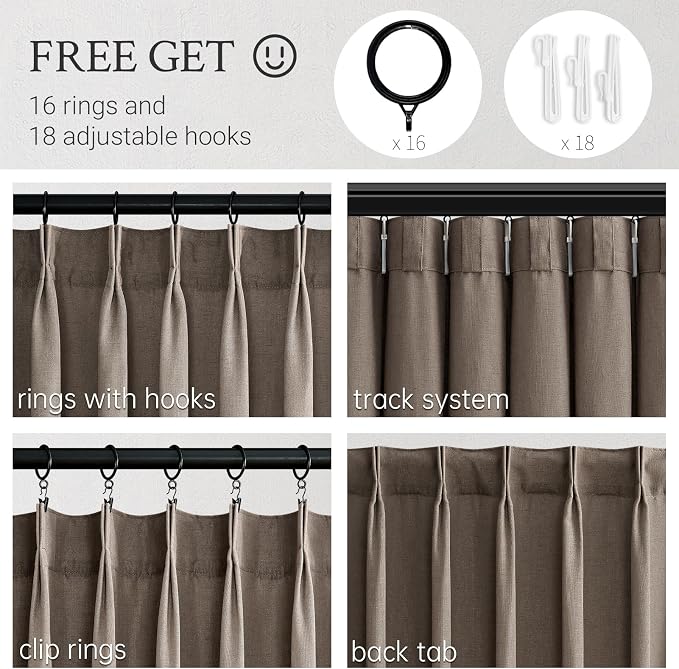 Topfinel 96 Inches Long Pinch Pleated Semi Sheer Curtains, Dark Flax Blended - Image 3