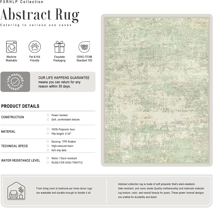 2x5 Washable Runner Rug：Modern Abstract Soft Carpet Green Cream | - Image 3