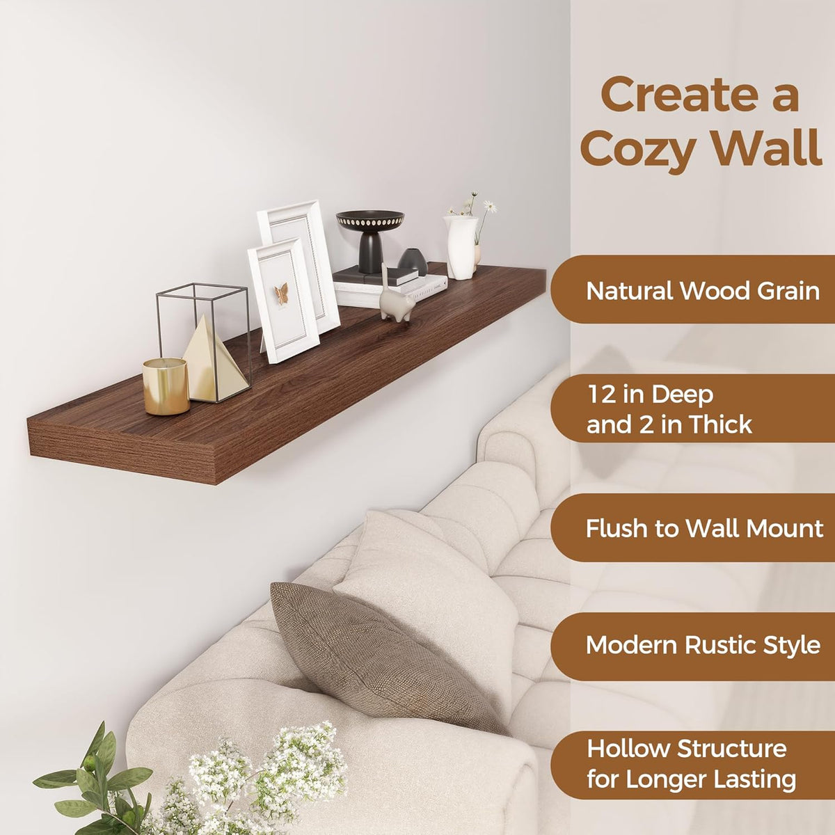 Floating Shelves 55 Inch Long, 12 Inch Deep Floating Shelves for Wall, Rustic Deep Wall Shelf for Fireplace Mantel, 55 x 12 Large Display Shelf for Living Room, Bedroom, Kitchen, Walnut Color, 1 Pack