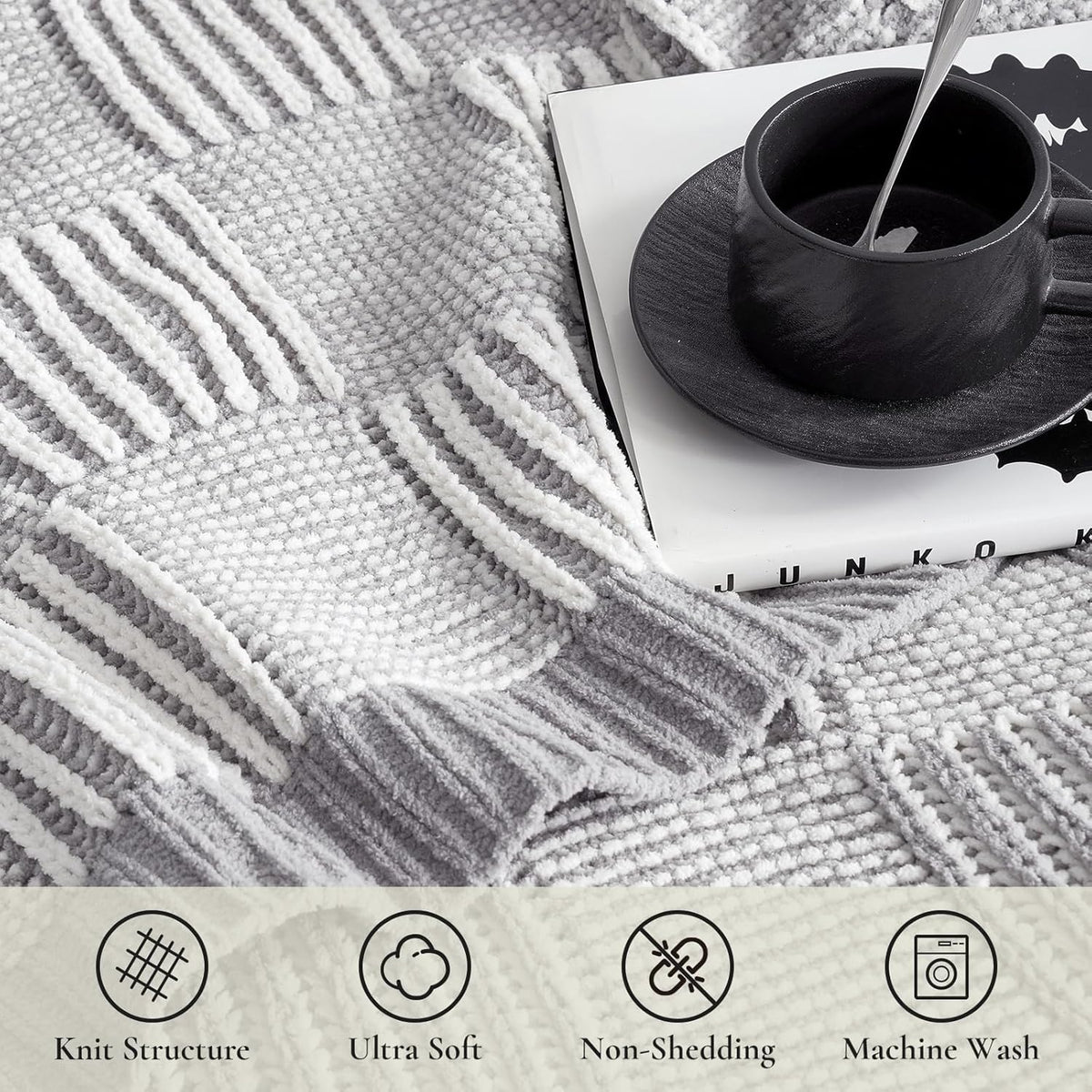 Amélie Home Chenille Knit Throw Blanket for Couch, Checkered Texture Decorative Soft Blanket for Sofa, Bed & Living Room, 50"x60", Grey & White