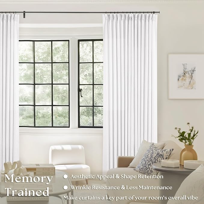 Pleated Linen Snow White Curtains 96 Inches Long 2 Panels Set | Neutral - Image 2