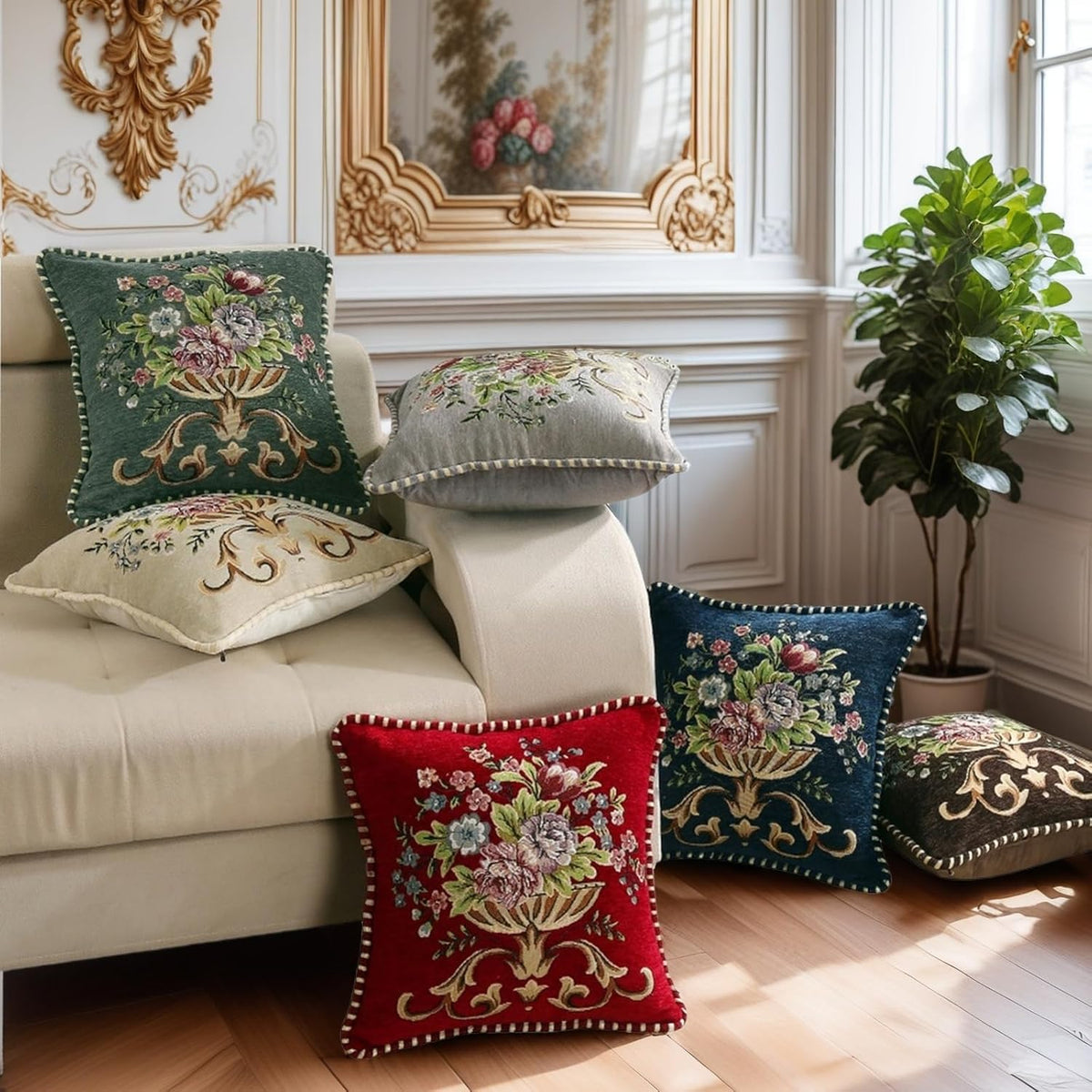 Set of 2 Blue Vintage Embroidered Throw Pillows Covers 18x18in，Vintage Decorations Floral Embroidered Cushion Cover for Sofa Couch Bed Chairs Car