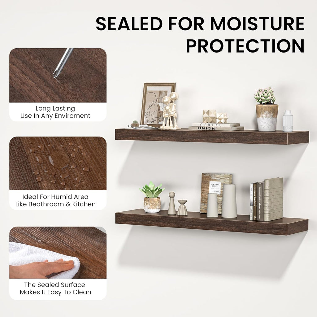 Floating Shelves for Wall, 48" W x 9.3" D x 1.5" H, Wooden Wall Mounted Display Shelves with Invisible Brackets for Living Room, Bedroom, Bathroom, Kitchen Decor and Storage, Set of 1, Walnut