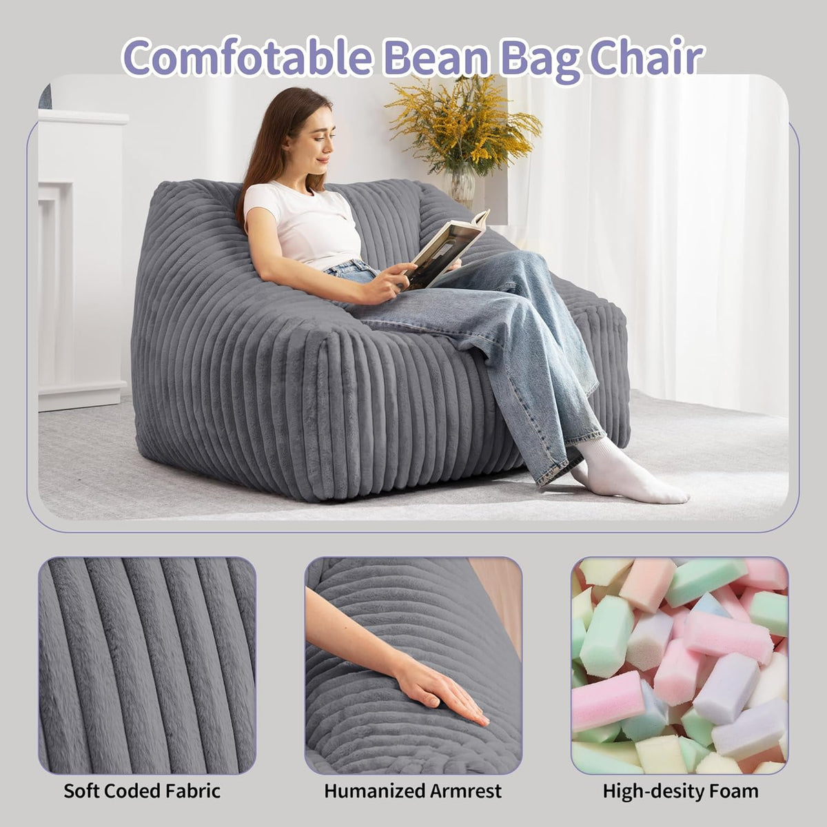 HABUTWAY Bean Bag Chair, Giant Bean Bag Chairs for Adults and Kids, Bean Bag Sofa, Lazy Floor Sofa, Faux Fur Beanbag Chair with Armrests for Living Room Bedroom (Grey)