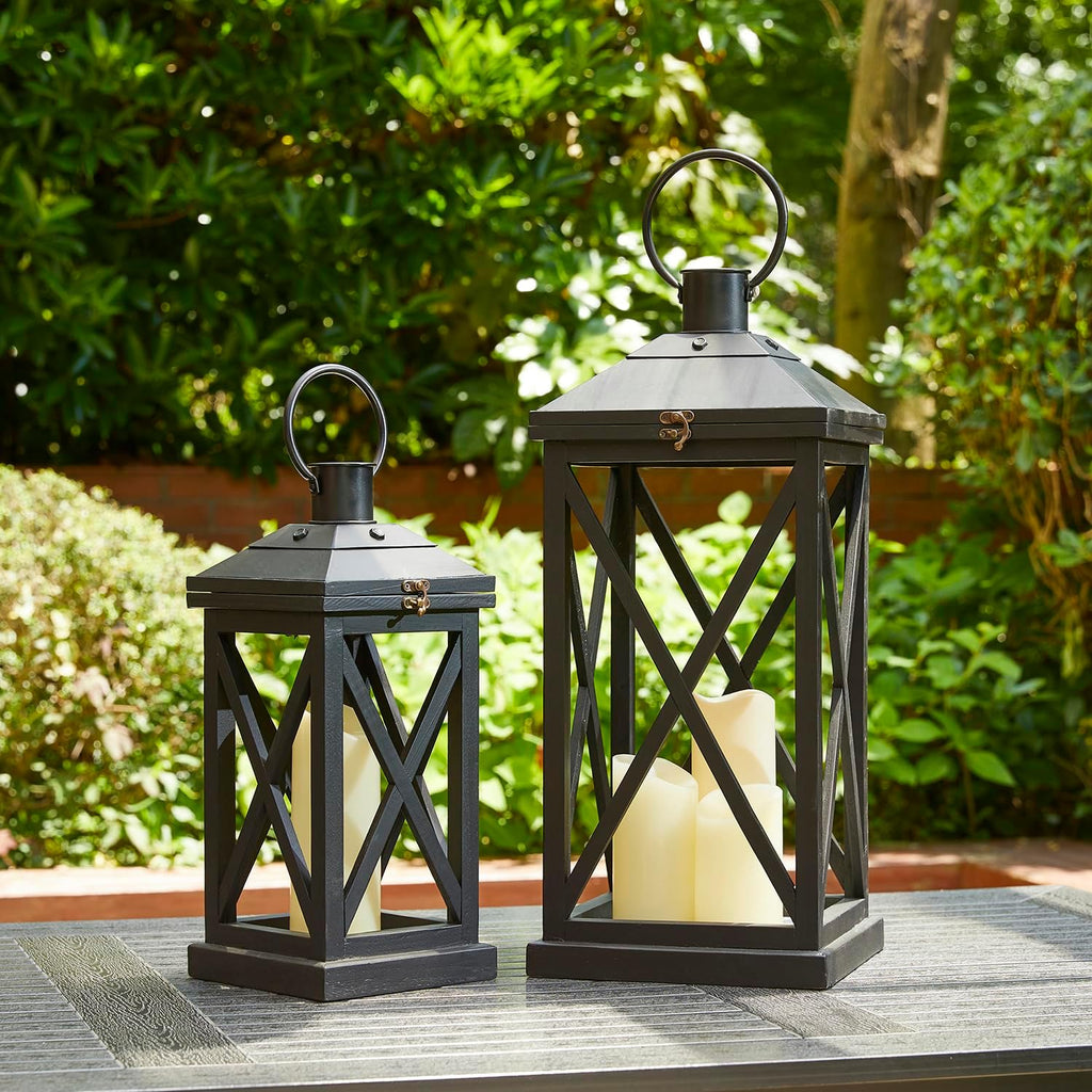 Glitzhome Modern Farmhouse Wooden Lantern Hanging Decorative Candle Lantern for Outdoor & Indoor Black Set of 2 (No Glass)