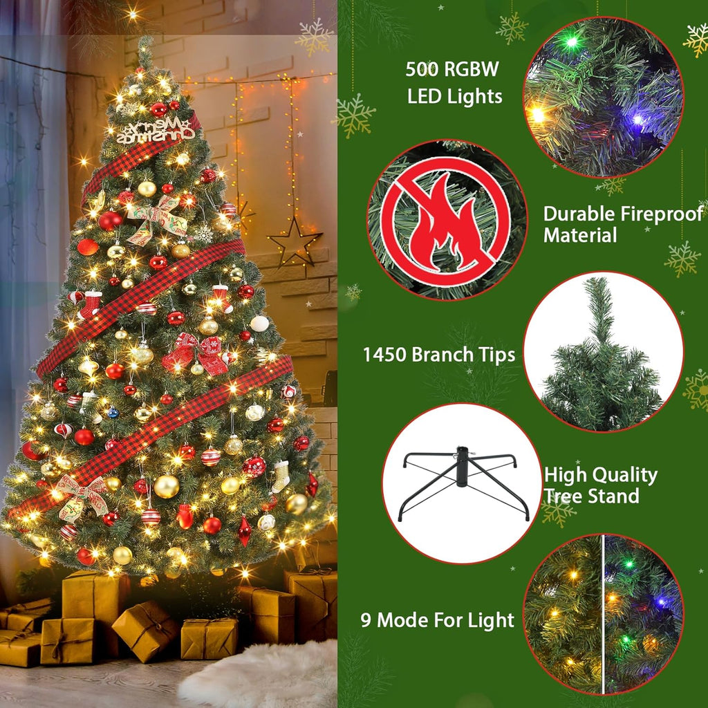 7.5ft Prelit Christmas Tree - Fluffy Fraser Fir with 600 Multicolor Lights & 9 Modes, Hinged Branches & 1300 Tips, Artificial Christmas Tree Includes Stand with Foot Switch for Holiday Home Decor
