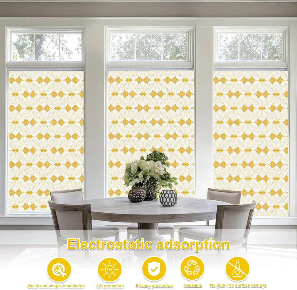 Window Privacy Film Stained Glass Decorative Static Clings Frosted Window Tint for Home Room Decor Bathroom Door Car Stickers with Glittering Effect, Removable(Golden Geometry)