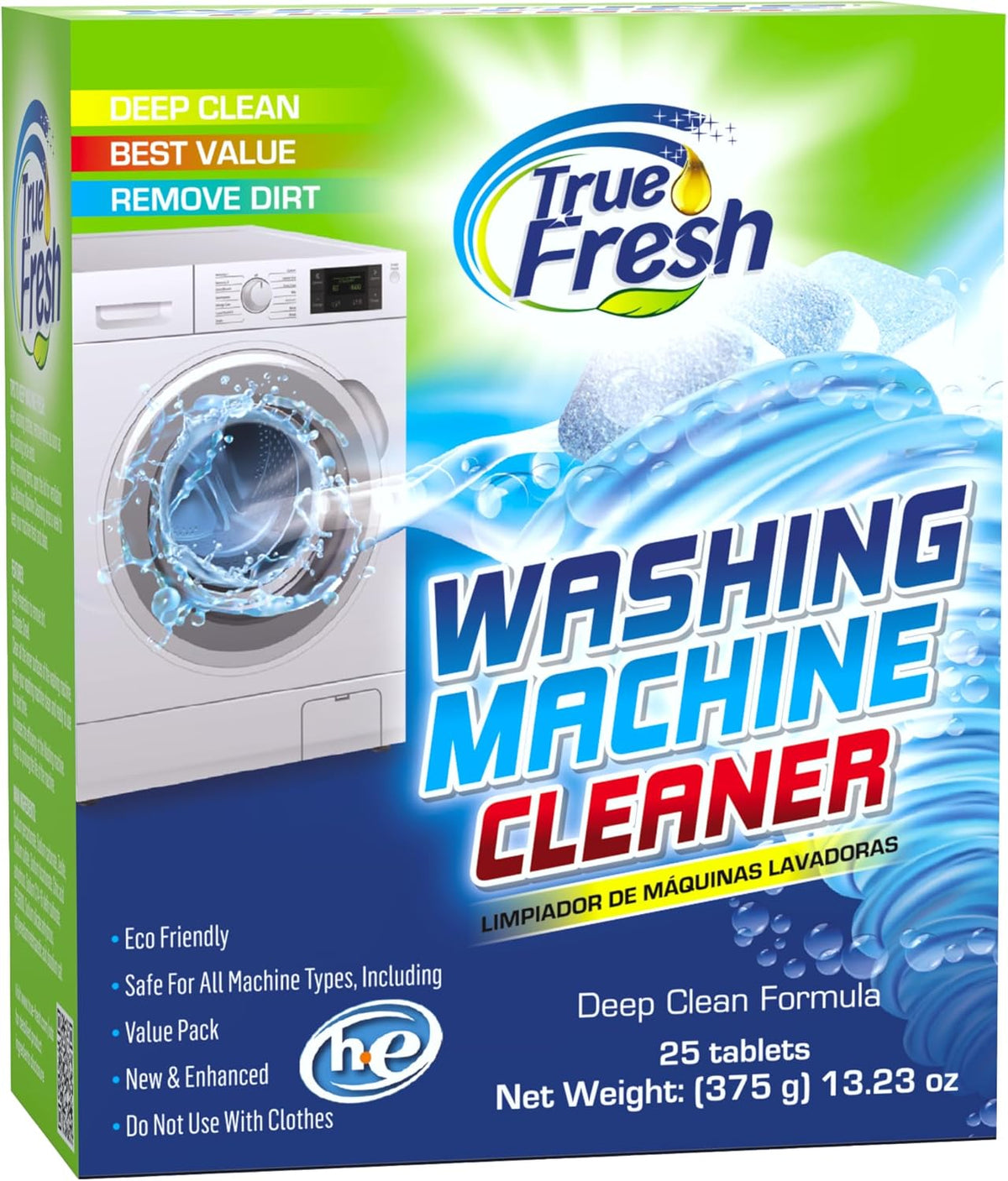 True Fresh Washing Machine Cleaner Tablets – 25-Pack Deep Cleaning for Front Loader, Top Load & HE Washers – Helps Remove Odor-Causing Residues, Pet Hair & Hard Water Buildup – Septic Safe