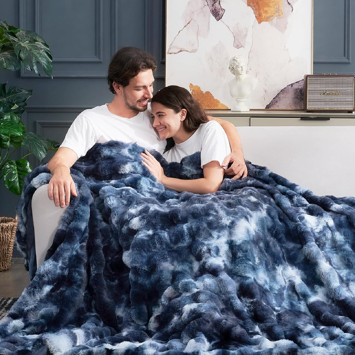 Cozy Bliss Faux Fur Throw Blanket for Couch, Fuzzy Soft Plush Thick Bubble Blanket for Sofa Bedroom Living Room, 90 * 90 Inches Tie Dye Blue