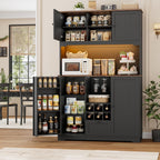 FINETONES 71" Pantry Cabinet with LED Light and Charging Station, Kitchen Pantry Cabinet with Microwave Stand, Kitchen Hutch Food Storage Cabinet with Outlet and Wine Racks, Black