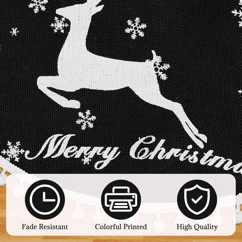 30 Inch Christmas Tree Skirt, Burlap Black Christmas Rustic Tree Skirt with Elk Deer and White Snowflake Printed for Holiday Party Xmas Tree Decoration