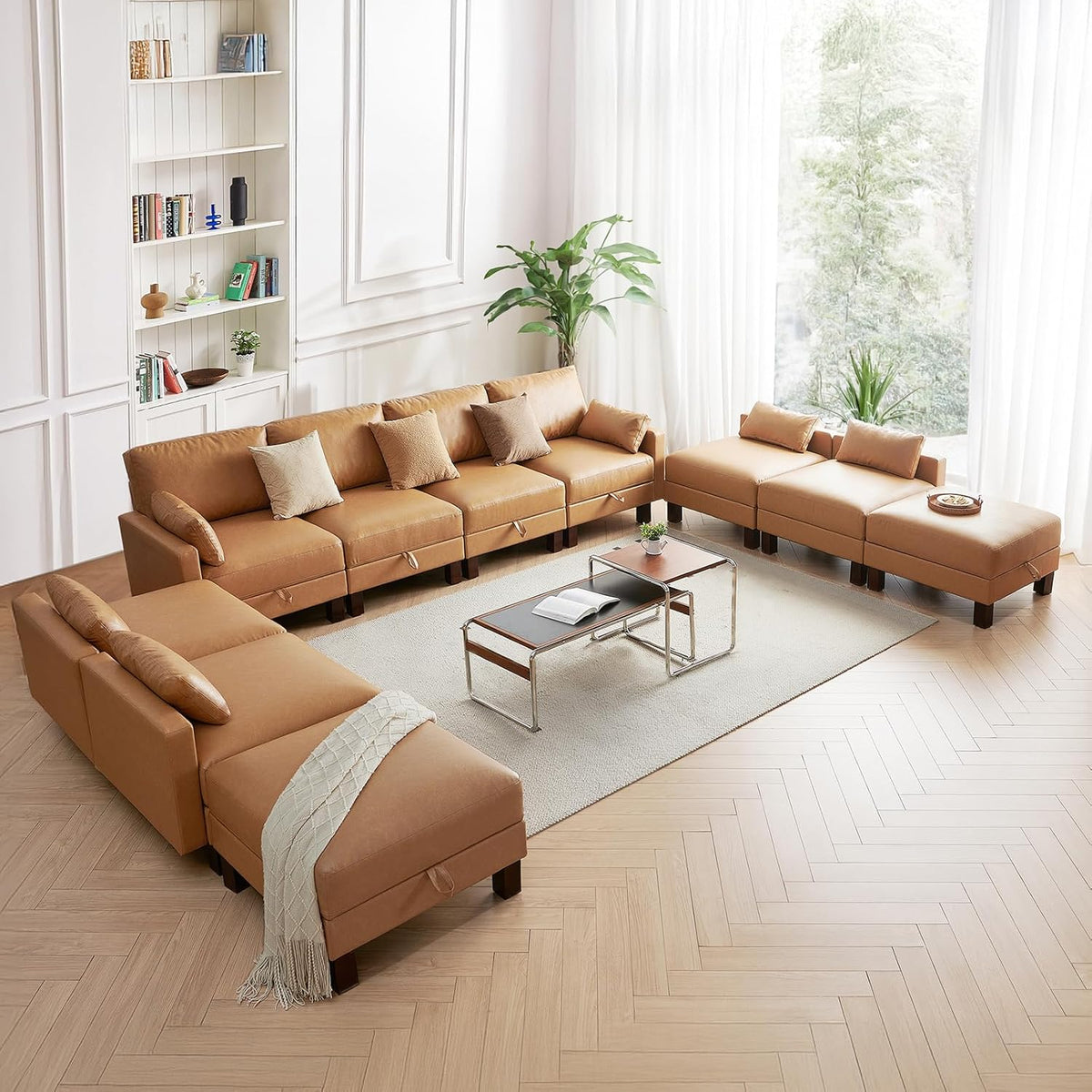 U Shape Sectionals Sofa Couch with Storage, Faux Leather 10 Seater Sofa, Big Comfy Couch, Large Sectionals for Big Space, House, Office, Tan