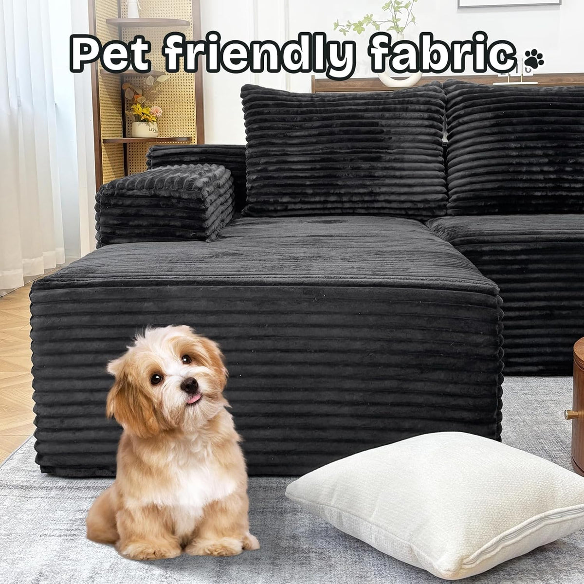 104" Modern Modular L-Shape Sofa Couch with Chaise Black Faux Rabbit Fur Cloud Sectional Couch with Deep Seat Modular Sectional Sofa No Assembly Required Upholstered Couches for Living Room Bedroom