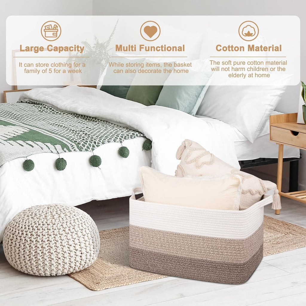 OIAHOMY Rectangle Woven Storage Basket - Nursery Cotton Rope Baskets for Storage, Toy Basket Organizing for Living Room, 17.7"x13.8"x11"- Pack of 3 - Gradient Yellow