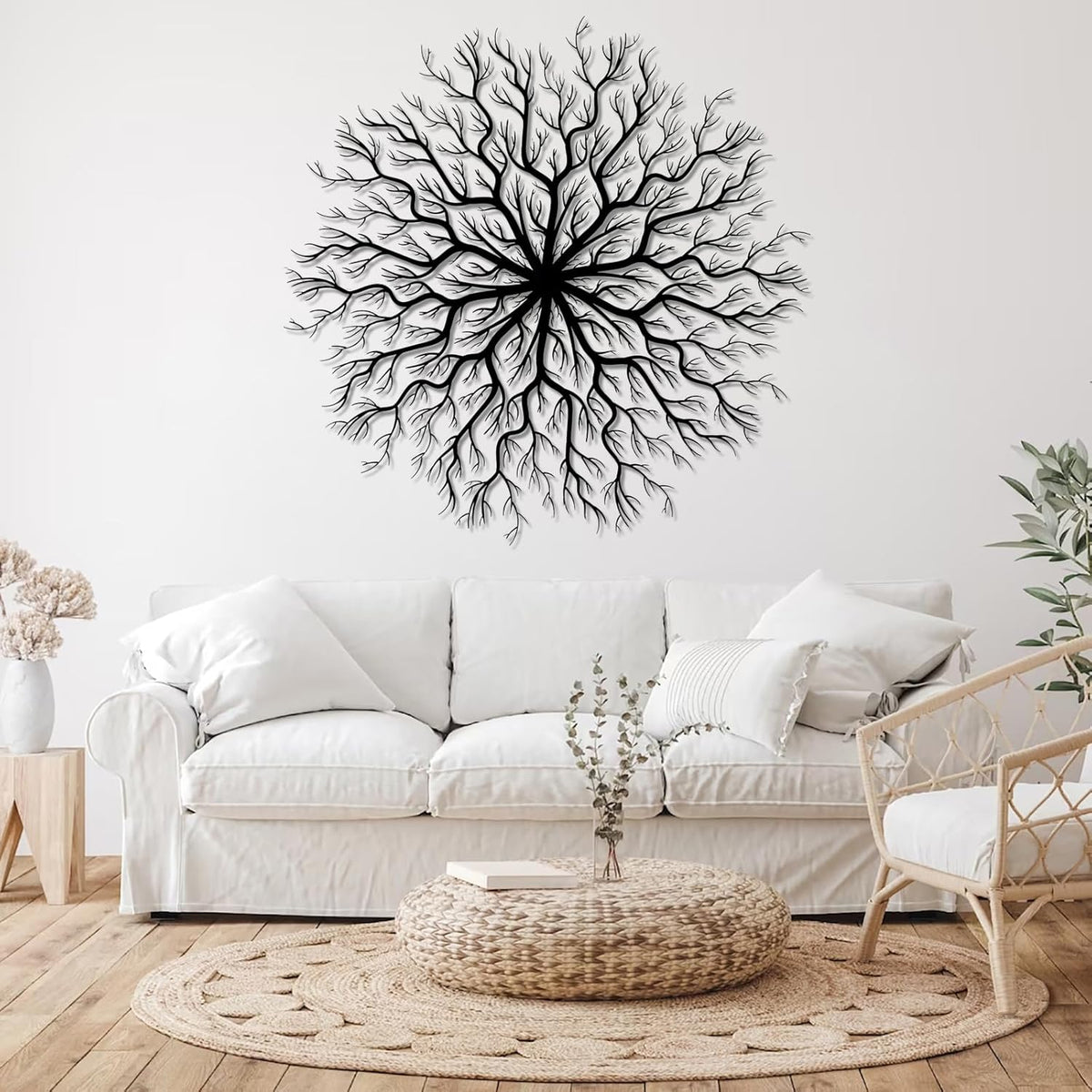 Tree of Life Metal Wall Art, Metal Tree Wall Art, Large Round Sculpture, Round Branch Wall Decor, Large Branch Artwork, Nature Sign, Wall Decor for Living Room, Housewarming Gift (Silver, 24"x24"|60x60cm)