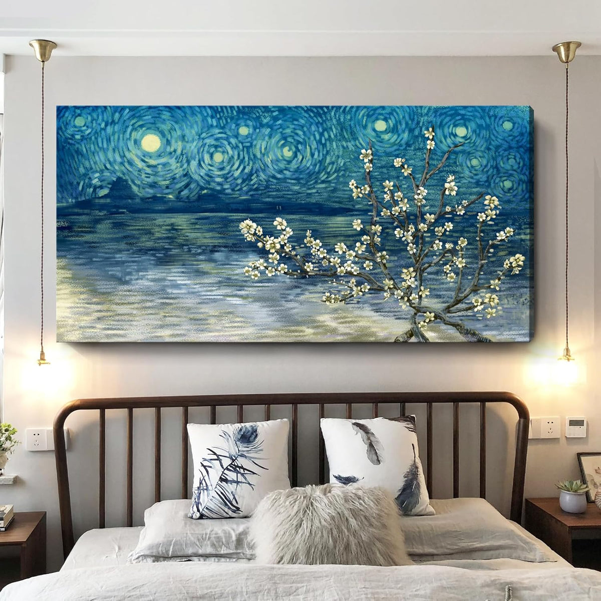 amatop Extra Large Wall Art Floral Tree Canvas Print for Living Room Bedroom Office– Oversized Plum Blossom Lake Landscape Picture Modern Blue Teal Nature Artwork Decor 58x29 Inch