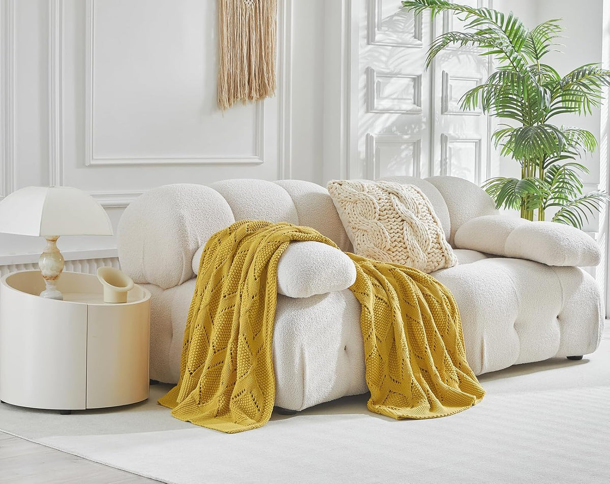 Longhui bedding Chunky Cotton Knit Throw Blanket for Couch, Sofa, Bed, or Chair, Decorative Breathable Fall Cable Knit Blanket 51 x 63 Inches, Medium Weight Mustard Yellow