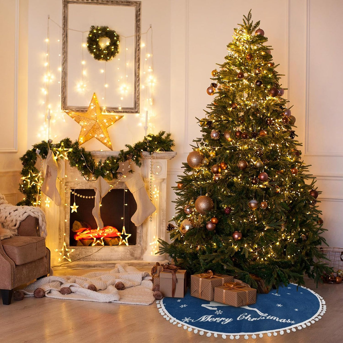 36 Inch Christmas Tree Skirt, Burlap Blue Christmas Rustic Tree Skirt with Elk Deer and White Snowflake Printed for Holiday Party Xmas Tree Decoration