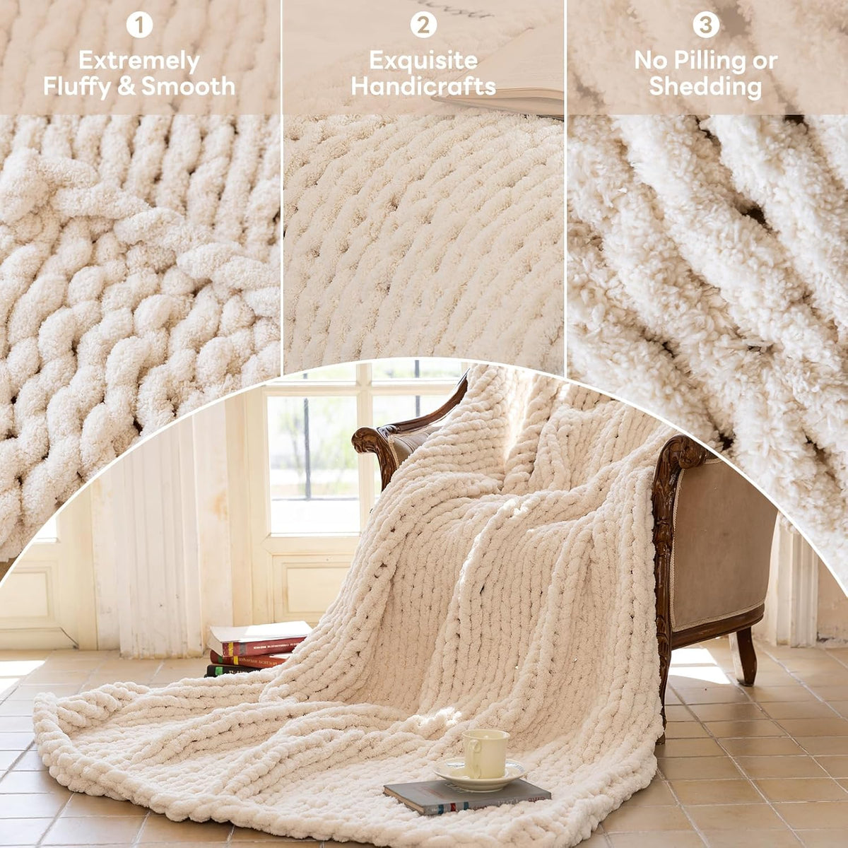 Chunky Knit Blanket - Luxury Soft Cozy 40 * 50 Throw Blanket,100% Woven Blanket Rope Knot Throw Blanket for Couch, Sofa, Home Decor, Gift - Machine Washable(Cream)