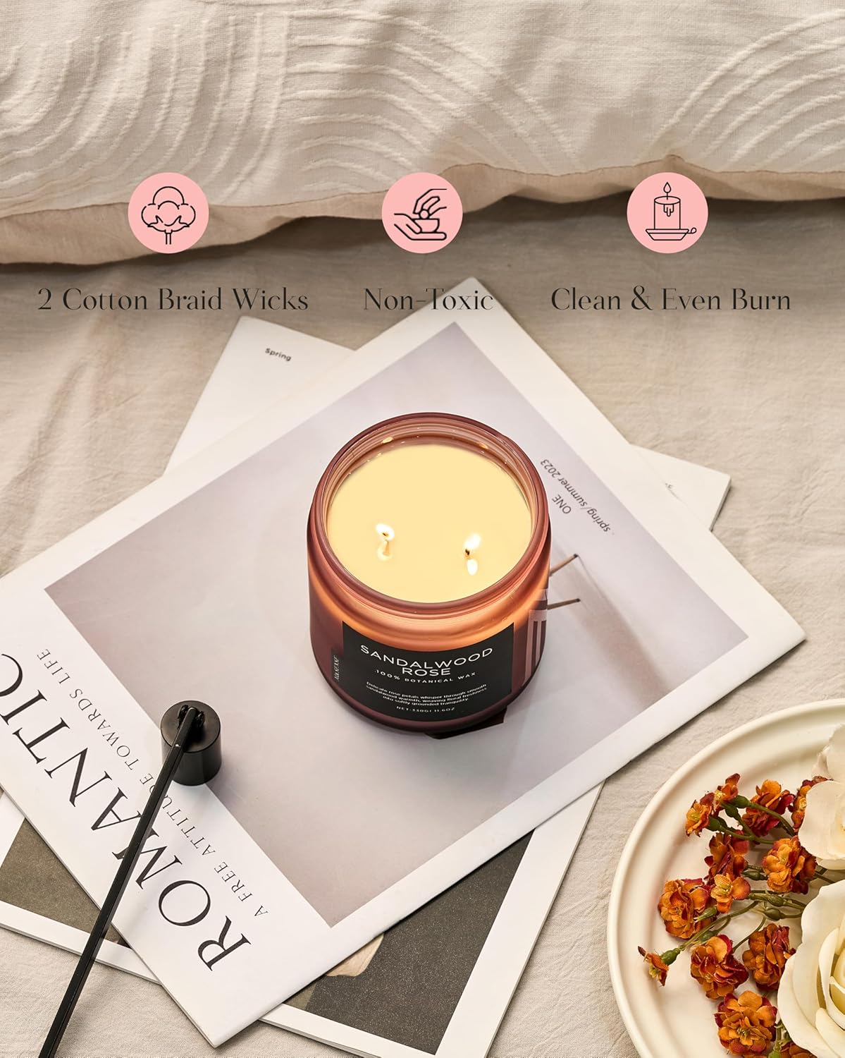 M&SENSE Sandalwood Rose Scented Candle - 11.6oz Natural Soy Wax Non Toxic 70-Hour Burn Long Lasting Candle, 2-Wick Strong Scent for Home - Slow-Burning Housewarming Gift for Men & Women