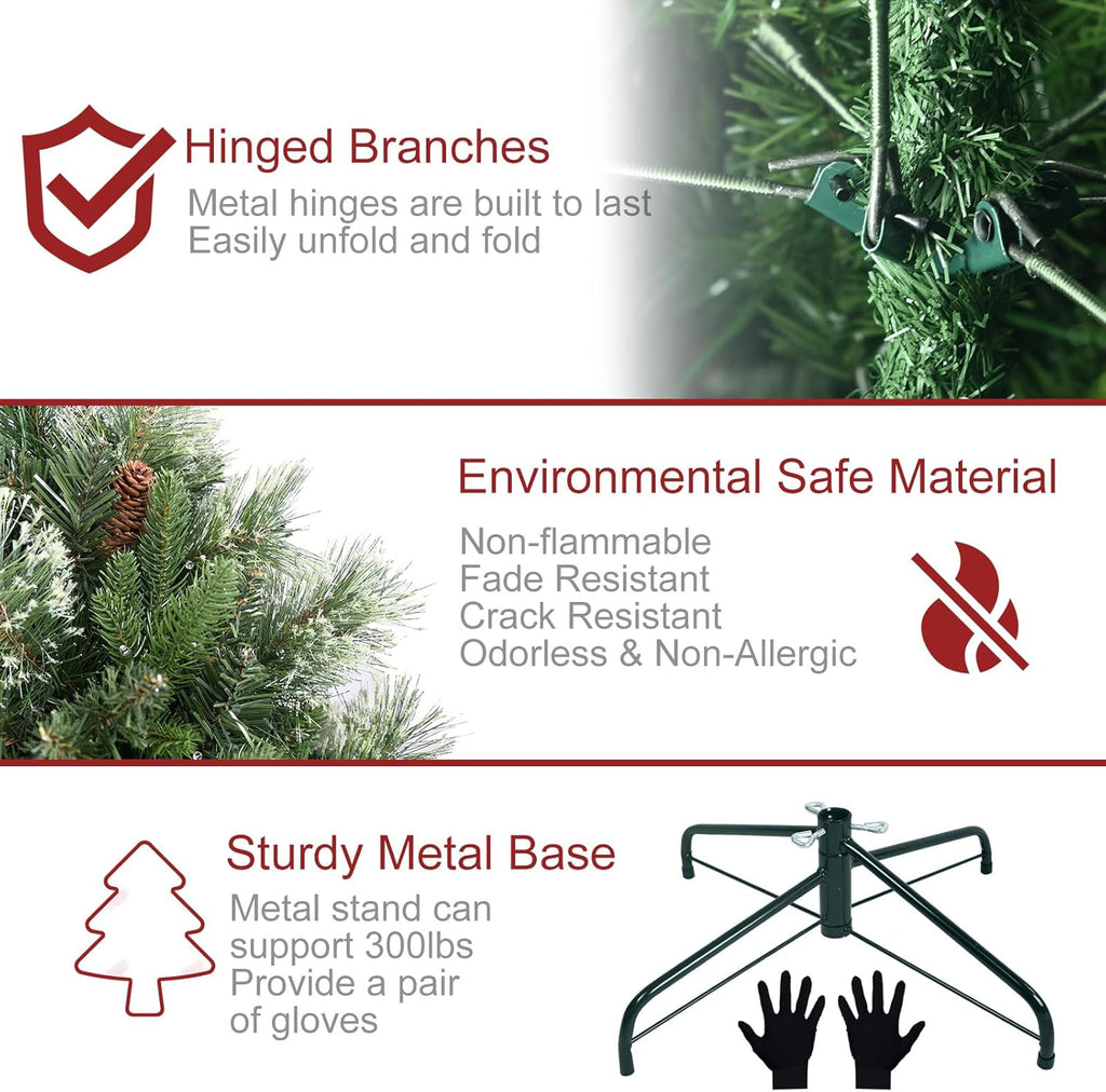 Kadunmina 7.5ft Artificial Christmas Tree Carolina Pine Tree, Unlit Hinged Premium Xmas Trees with 1645 Branch Tips, Pine Cones, Foldable Metal Stand for Home, Office, Holiday Party Decoration