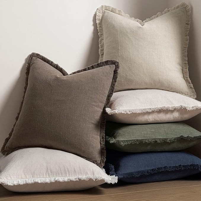 MIULEE Boho Linen Fringe Decorative Fall Throw Pillow Covers Coffee 18x18 | Set - Image 5