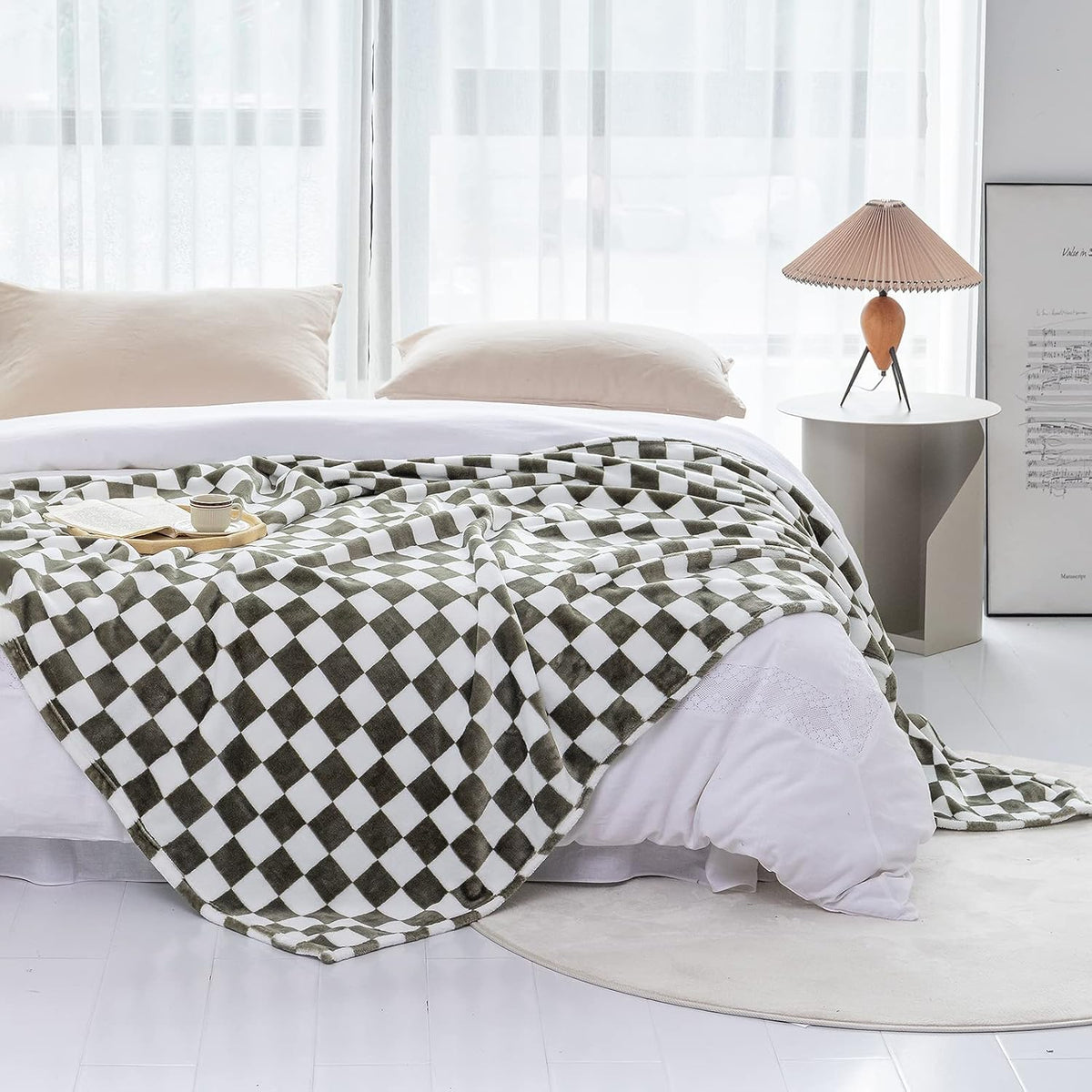LOMAO Throw Blankets Flannel Blanket with Checkerboard Grid Pattern Soft Throw Blanket for Couch, Bed, Sofa Luxurious Warm and Cozy for All Seasons (Dark Olive, 90"x90")