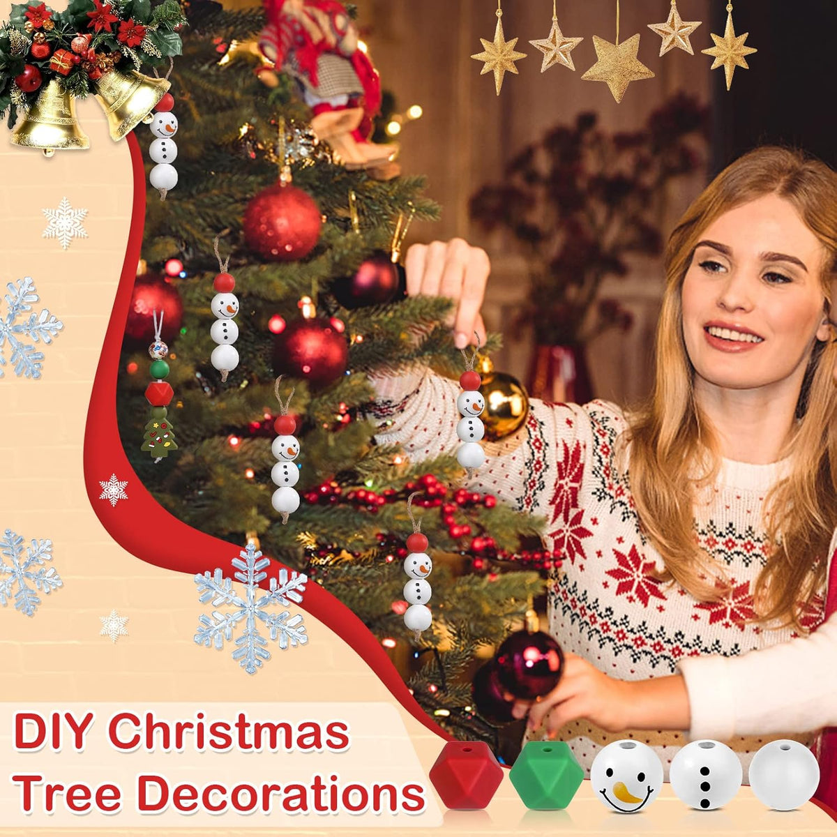 178 PCS Christmas Silicone Beads, Ornament Loose Beads Bulk with Xmas Santa Christmas Tree Silicone Beads Lanyard Snowman Wooden Beads Round Polished Spacer Bead for Decor DIY Jewelry Craft
