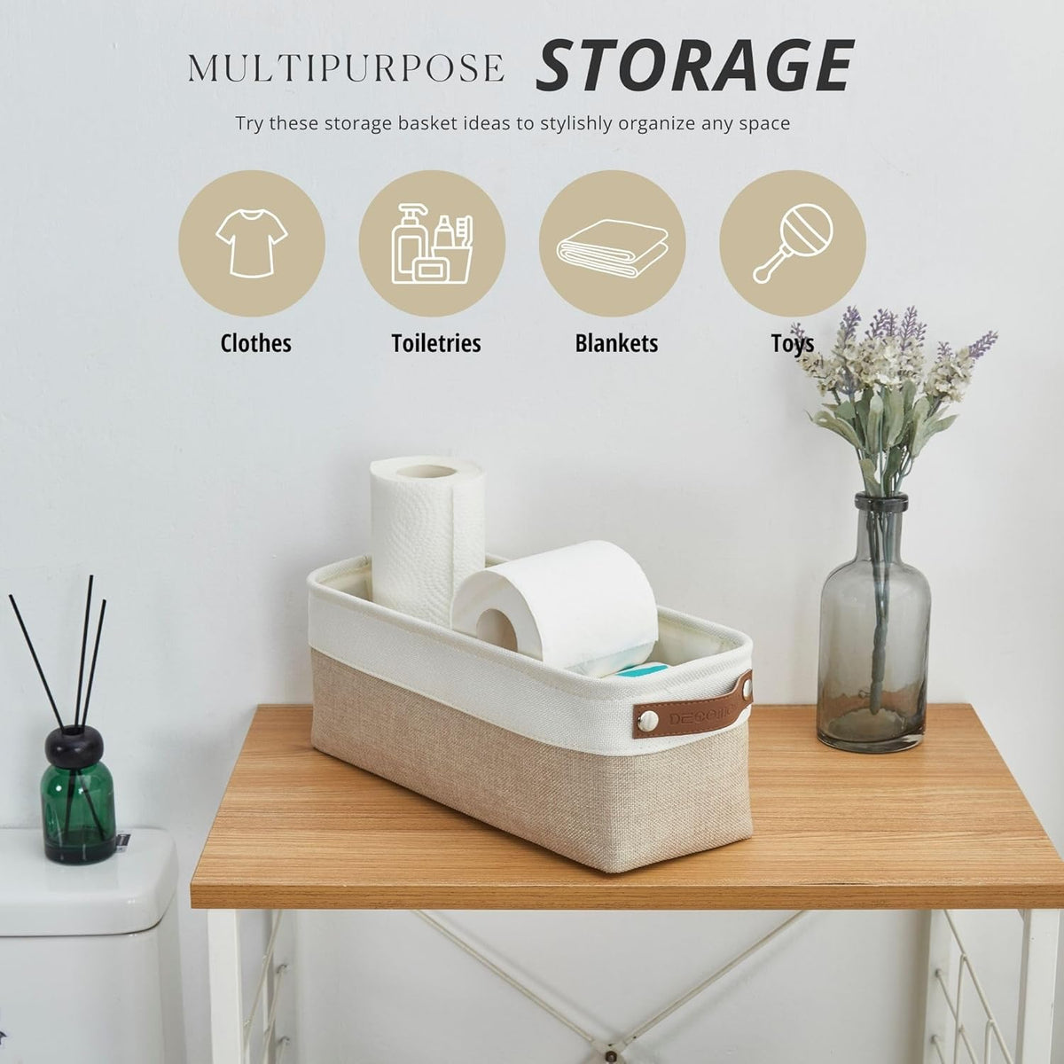 DECOMOMO Narrow Storage Bins Small Baskets for Organizing Bathroom, Toilet Tank, Towel Storage, Entryway, Gifts (Beige and White - Set of 4)