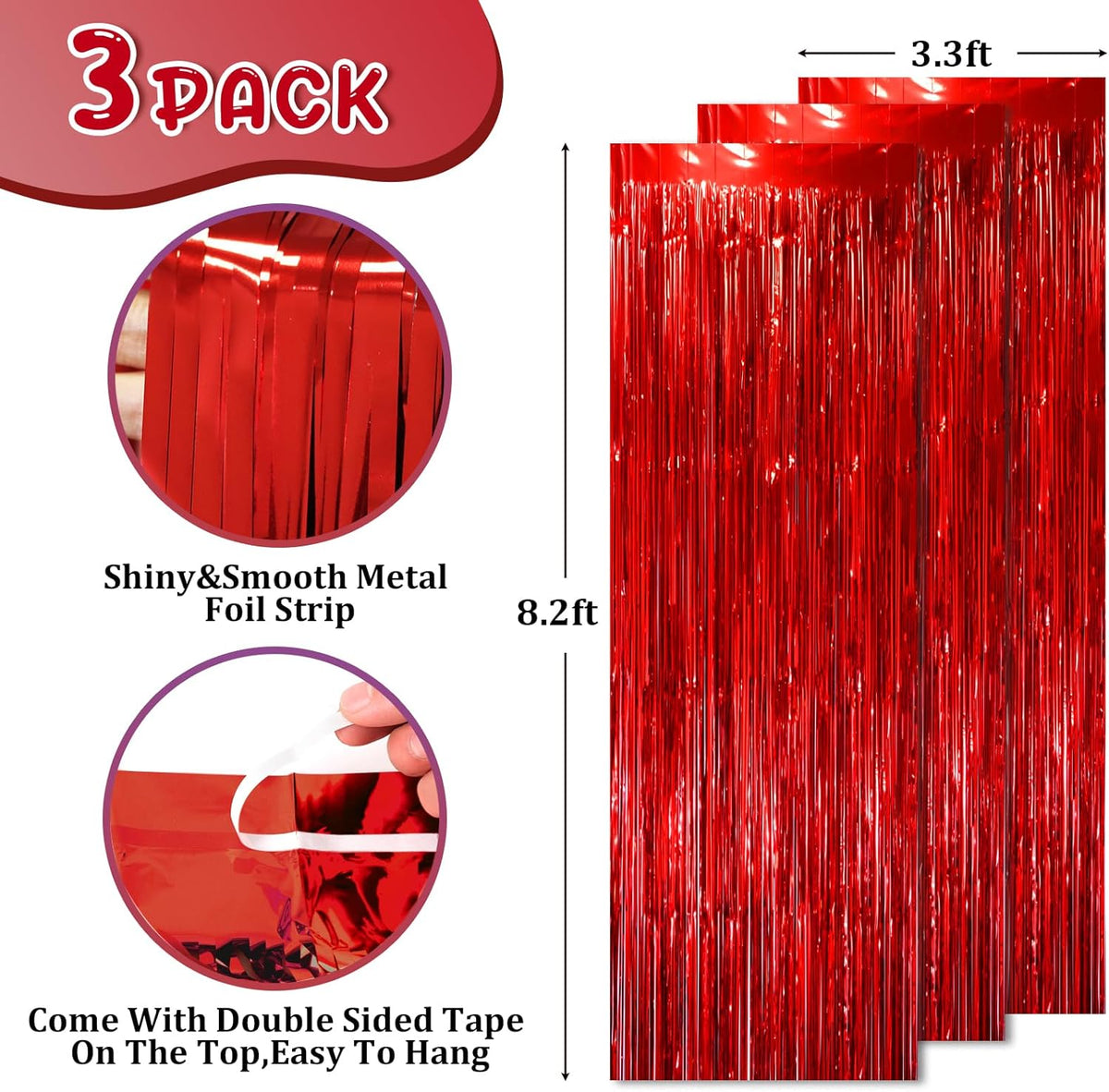 3 Pack 3.3x8.2 Feet Red Foil Fringe Backdrop Curtains, Tinsel Streamers Birthday Party Decorations, Fringe Backdrop for Graduation, Baby Shower, Gender Reveal, Disco Party