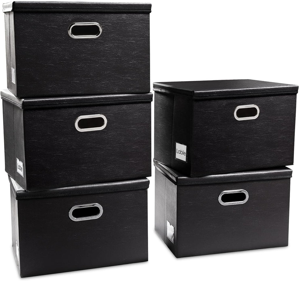 PRANDOM Foldable Storage Bins with Lids [5-Pack] Leather Fabric Collapsible Storage Boxes Organizer Containers Baskets Cube with Cover for Bedroom Closet Office Nursery Black (14.9x10.8x10)