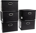 PRANDOM Foldable Storage Bins with Lids [5-Pack] Leather Fabric Collapsible Storage Boxes Organizer Containers Baskets Cube with Cover for Bedroom Closet Office Nursery Black (14.9x10.8x10)