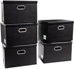 PRANDOM Foldable Storage Bins with Lids [5-Pack] Leather Fabric Collapsible Storage Boxes Organizer Containers Baskets Cube with Cover for Bedroom Closet Office Nursery Black (14.9x10.8x10)