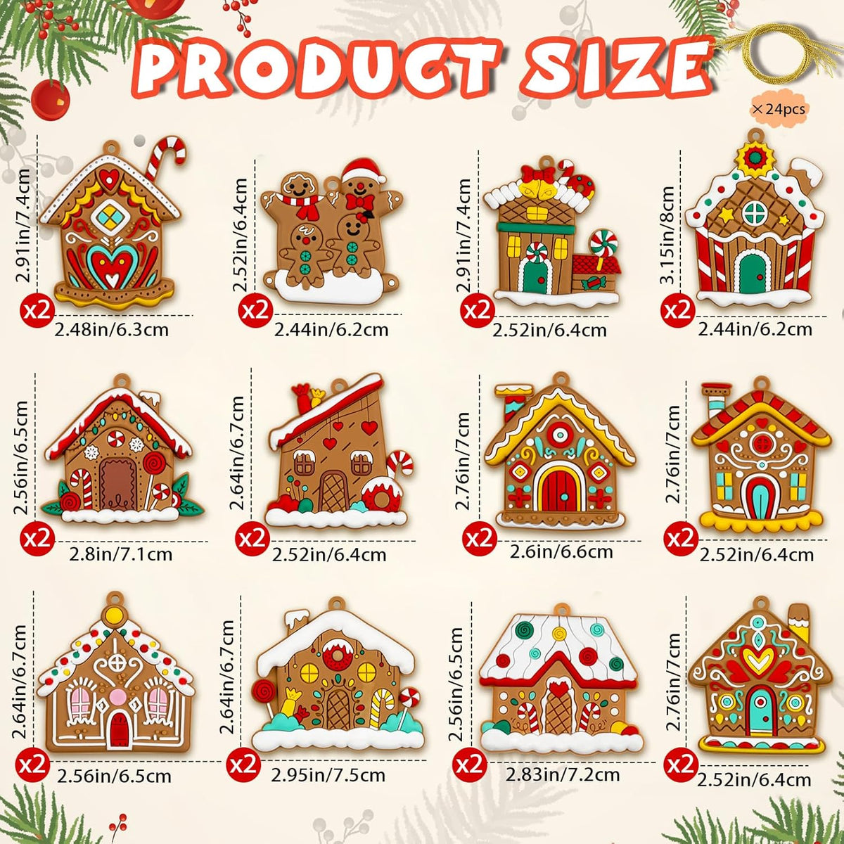 Gingerbread House Ornaments Christmas Tree Decoration - 24pcs Gingerbread House Christmas Decorations Hanging Ornaments for Holiday Xmas Tree Home Decor