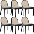 Mid Century Dining Chairs Set of 6, Accent Rattan Side Chairs Linen Fabric Kitchen Chair with Solid Wooden Legs for Living Room Dining Room, Grey