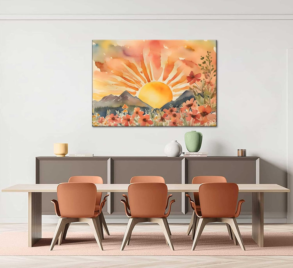Boho Sun Canvas Wall art Mid-Century Modern Abstract Bohemian Sunset in The Mountains Watercolor Wildflowers Sunrise Landscape Picture Wall Decor Poster Print Artwork for Living Room Bedroom