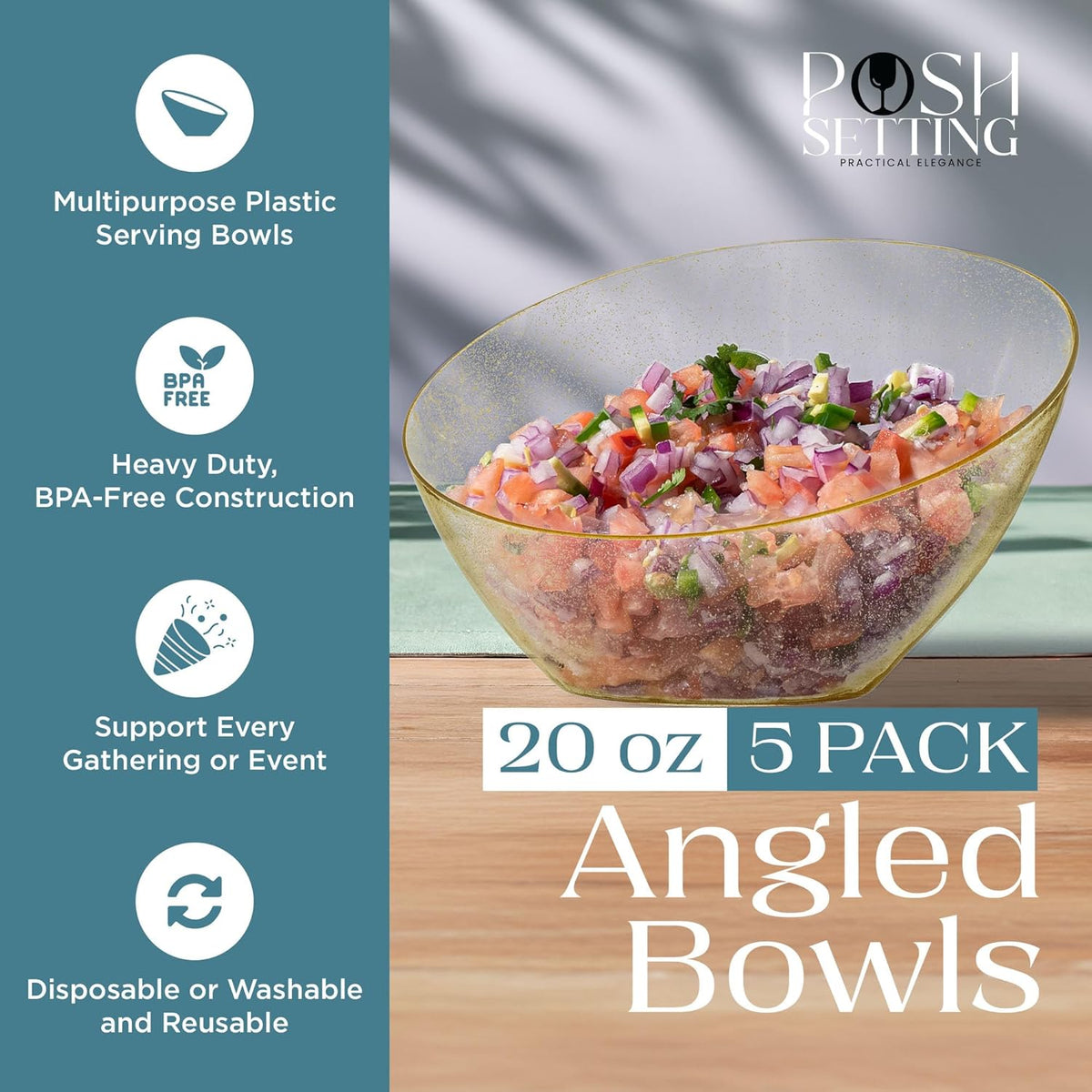 Posh Setting Gold Plastic Serving Bowls - Angled, Disposable for Chips, Candy, Salad, Fruit - Wedding Party Table - Gold Glitter, 20 OZ, 5 Pack