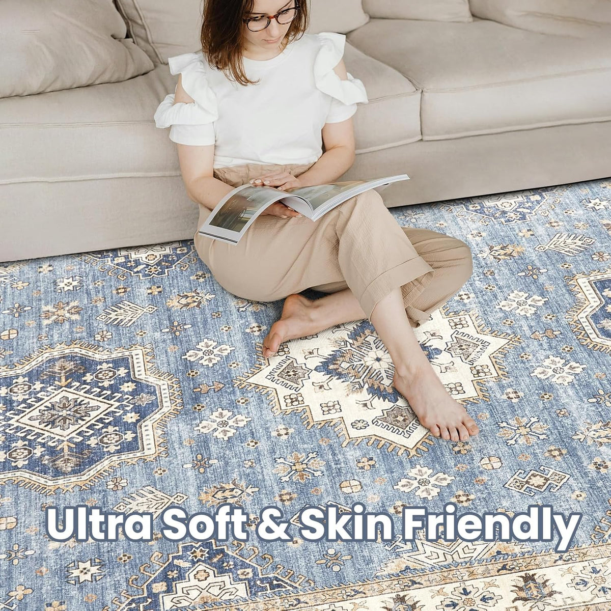 Washable Area Rugs for Living Room -9x12 Neutral Vintage Distressed Floral Farmhouse Boho Large Soft Floor Rug Indoor Non Slip Carpet for Living Room Bedroom Dining Room Office - Blue
