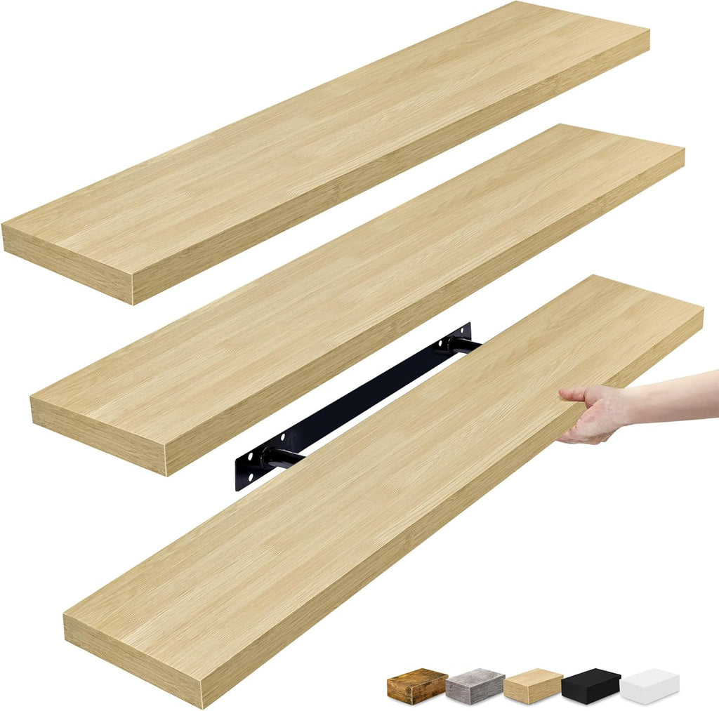 Sorbus Floating Shelves for Wall - 35 Inch Long Bathroom Shelves, Wall Decor for Bedroom, Kitchen, Living Room & Book Storage - Mounted Floating Shelf with Invisible Brackets (Maple Wood, 3 Pack)