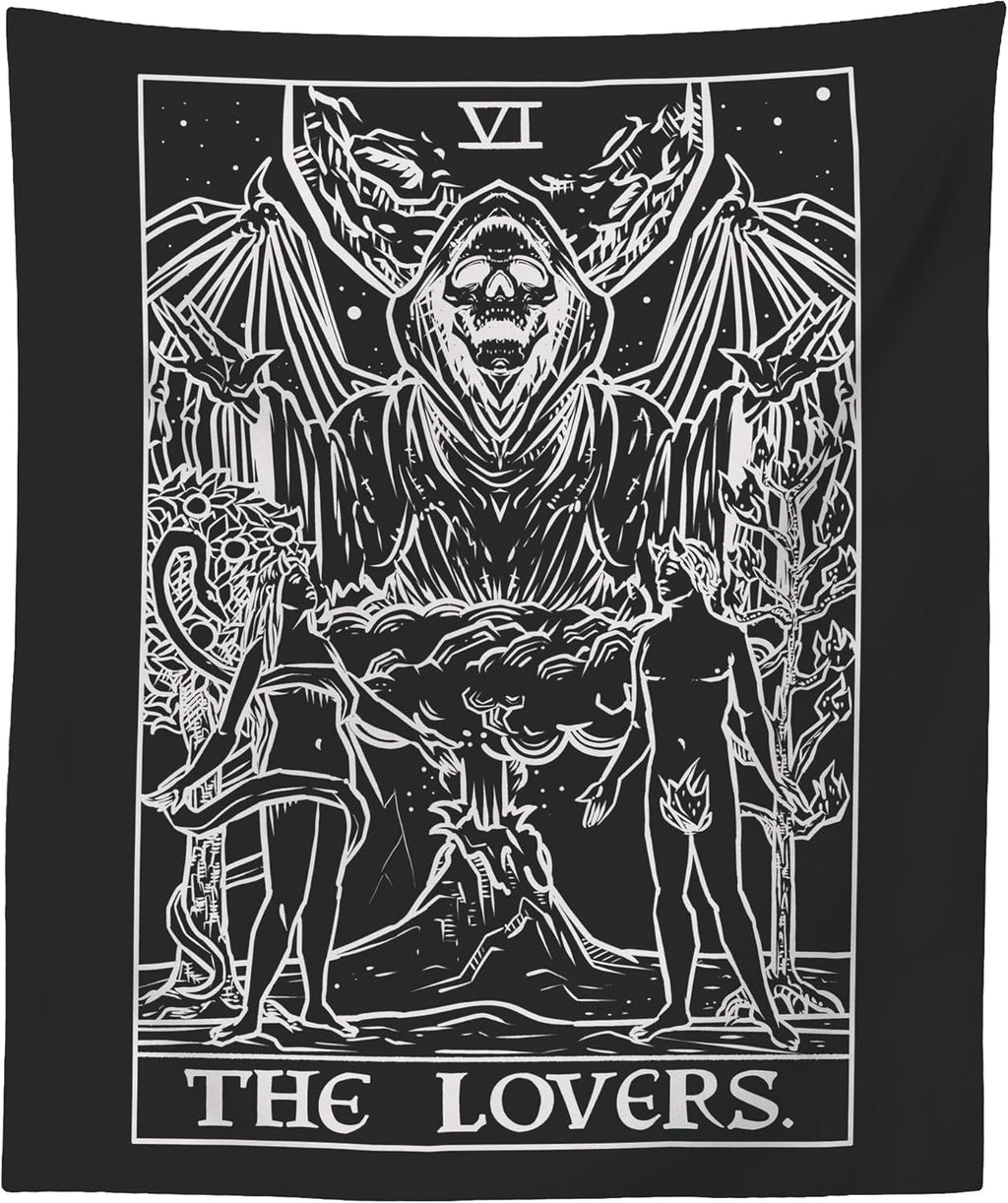The Lovers Tarot Card Tapestry (Black & White) - Grim Reaper - Gothic Couple Halloween Home Decor Wall Hanging (59" x 51")