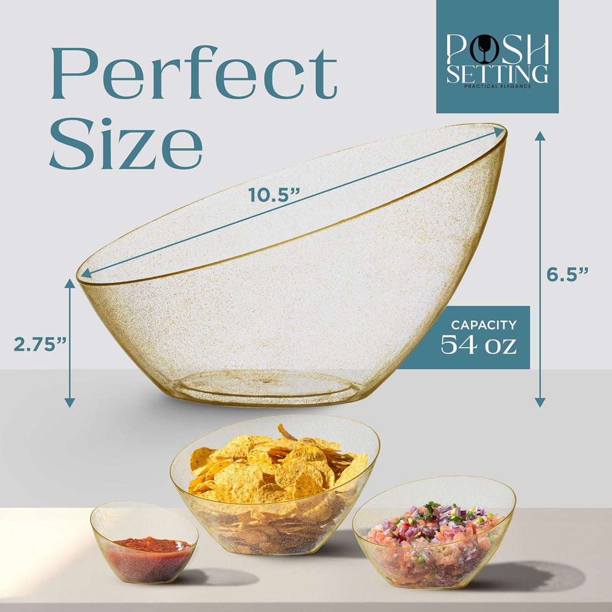 Posh Setting - Gold Plastic Serving Bowls for Party - Angled, Disposable, Chip & Candy Bowls - 54 OZ, 5 Pack