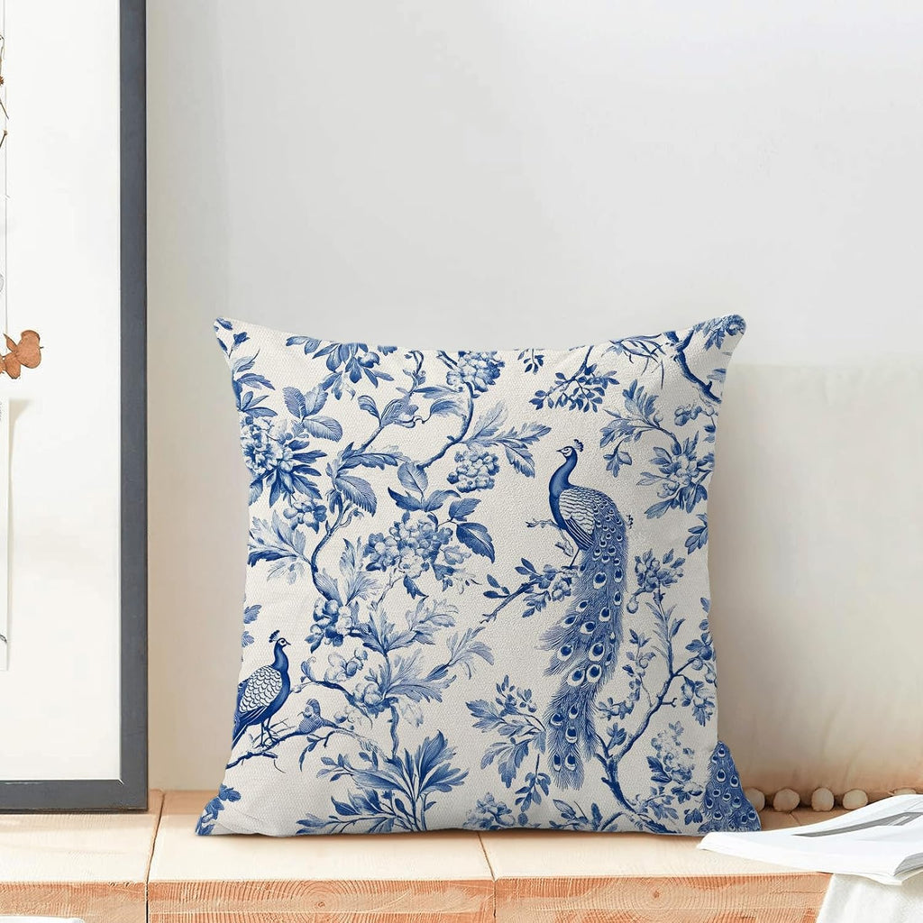 Navy Blue Spring Floral Pillow Covers 18 x 18 Inch Set of 2 for Chinoiserie Flowers Bird Decor Throw Pillows Vintage Plant Farmhouse Outdoor Decorative Cushion Cases for Couch Bed Decorations