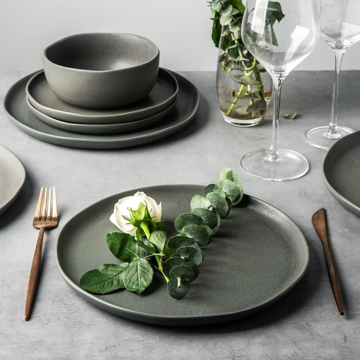 AmorArc Dinnerware Sets, Wavy Rim Plates and Bowls Sets,Highly Chip and Crack Resistant | Dishwasher & Microwave & Oven Safe Dishes set, Service for 8 (24pc)