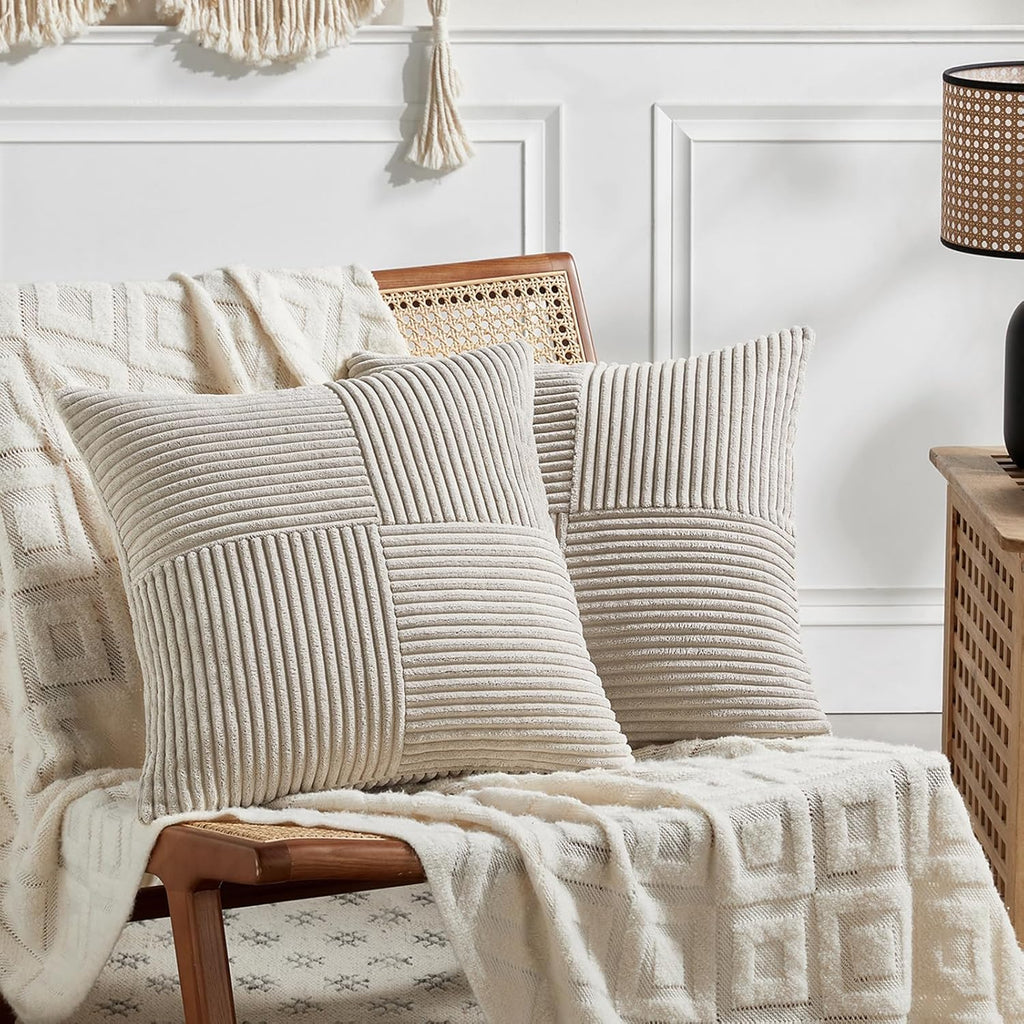 Fancy Homi 2 Packs Neutral Taupe Samll Decorative Throw Pillow Covers 14x14 Inch with for Couch Bed Sofa, Rustic Farmhouse Boho Home Decor, Soft Corss Patchwork Corduroy Square Cushion Case 35x35 cm