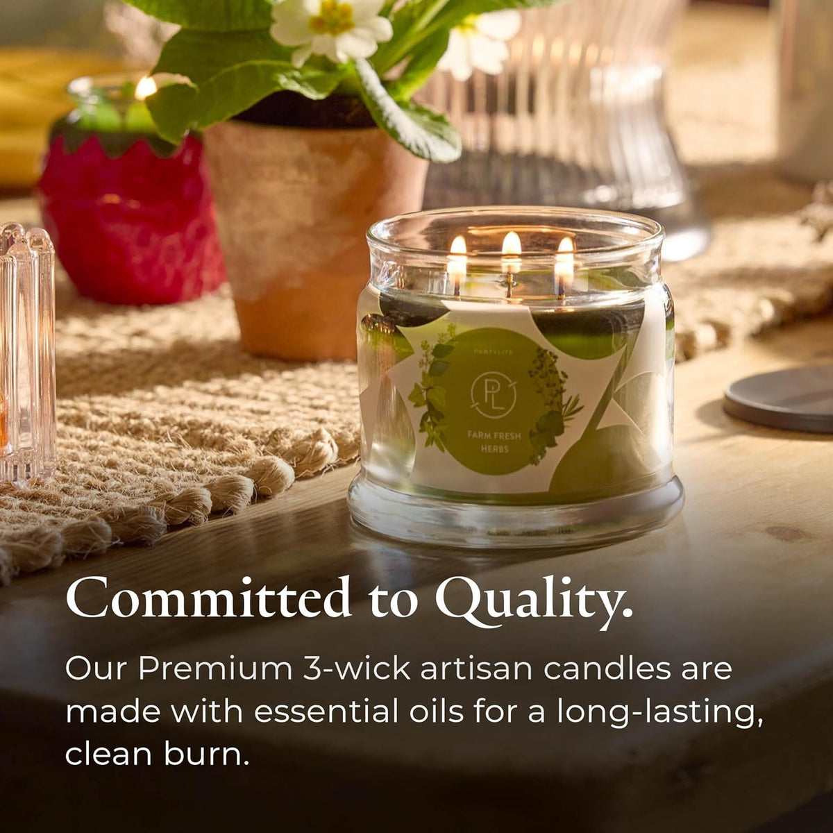 PartyLite Farm Fresh Herbs Scented, Notes of Eucalyptus, Thyme, Garden Mint, Cedarwood & Patchouli, 13.2oz 3-Wick Jar Candle, 45 Hour Burn Time, Luxurious Fragrance, Ideal for Gifting