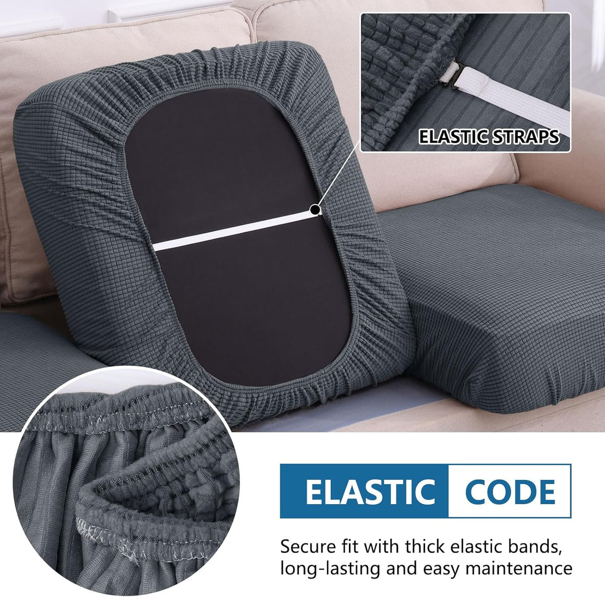 hyha Waterproof Couch Cushion Covers, Washable Sofa Cushion Slipcovers, Thick Stretch Jacquard Fabric, Couch Sofa Covers for Pets with Elastic Bottom (2 Pieces, Grey)