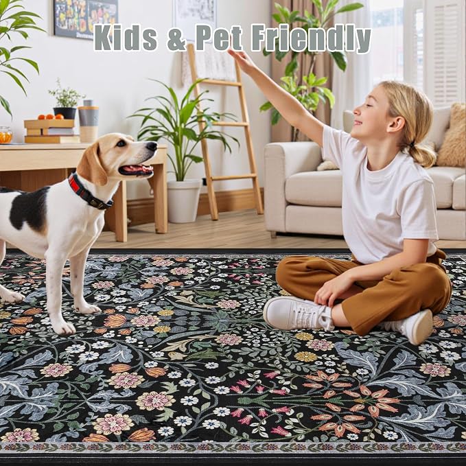 PLHXFR Area Rug 9x12 Living Room: Floral Washable Boho Carpet Dark Black | - Image 7