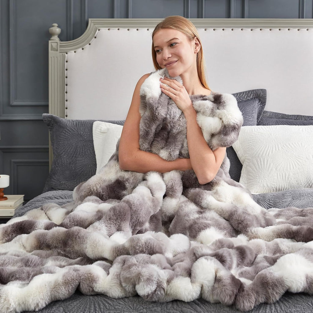 Cozy Bliss Faux Fur Throw Blanket for Couch, Fuzzy Soft Plush Thick Bubble Blanket for Sofa Bedroom Living Room, 50 * 60 Inches Tie-dye Taupe