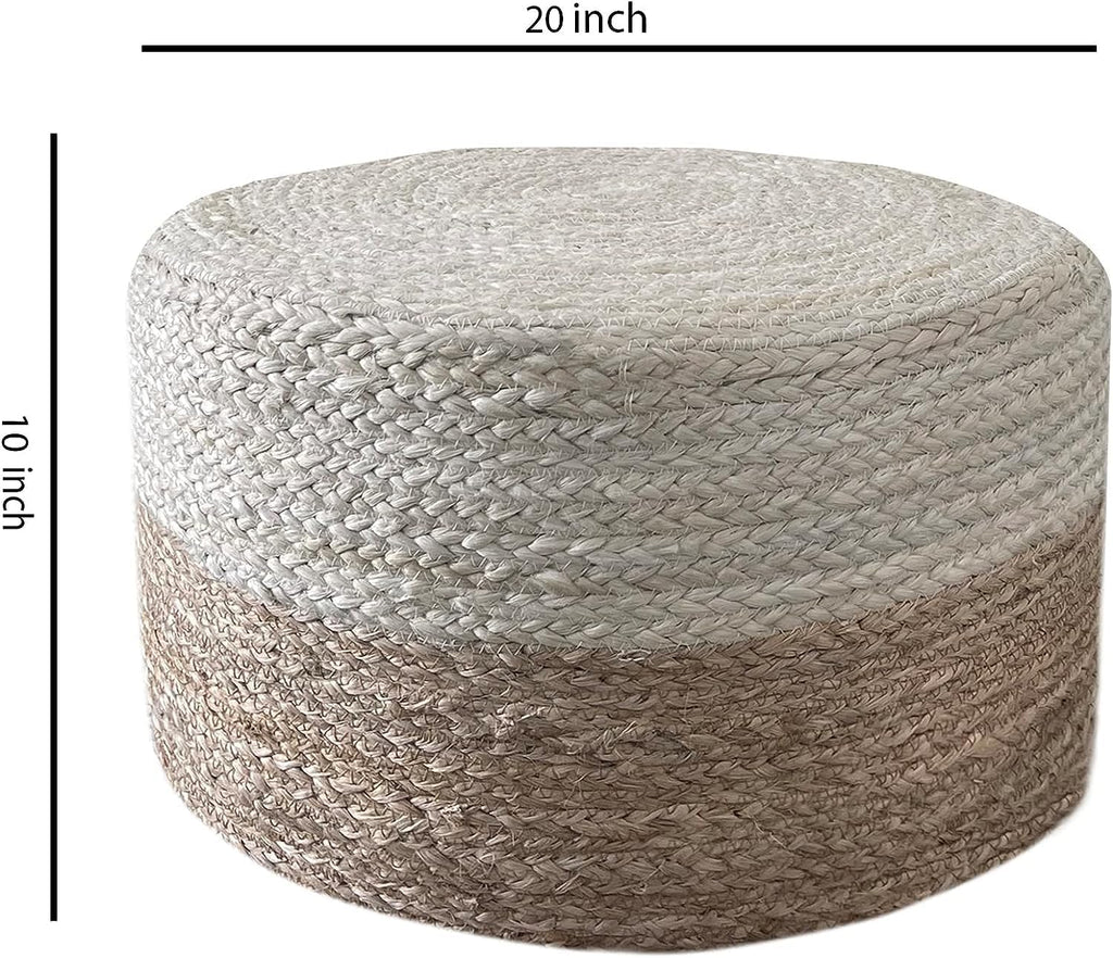 Jute Pouf Ottoman | Footrest Pouf | Hand Braided - Round Boho Pouffe - for Living Room, Bedroom, Nursery (20"x20"x10") Ivory