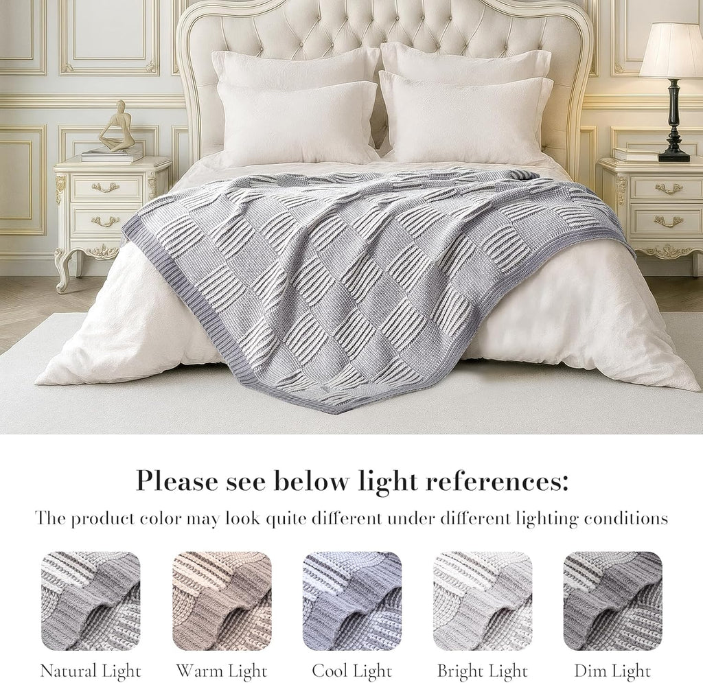 Amélie Home Chenille Knit Throw Blanket for Couch, Checkered Texture Decorative Soft Blanket for Sofa, Bed & Living Room, 50"x60", Grey & White